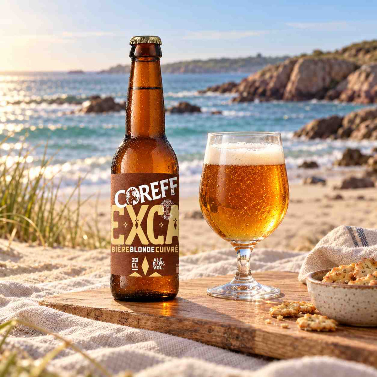 Coreff EXCA 33cl sur une plage bretonne avec verre en tulipe
