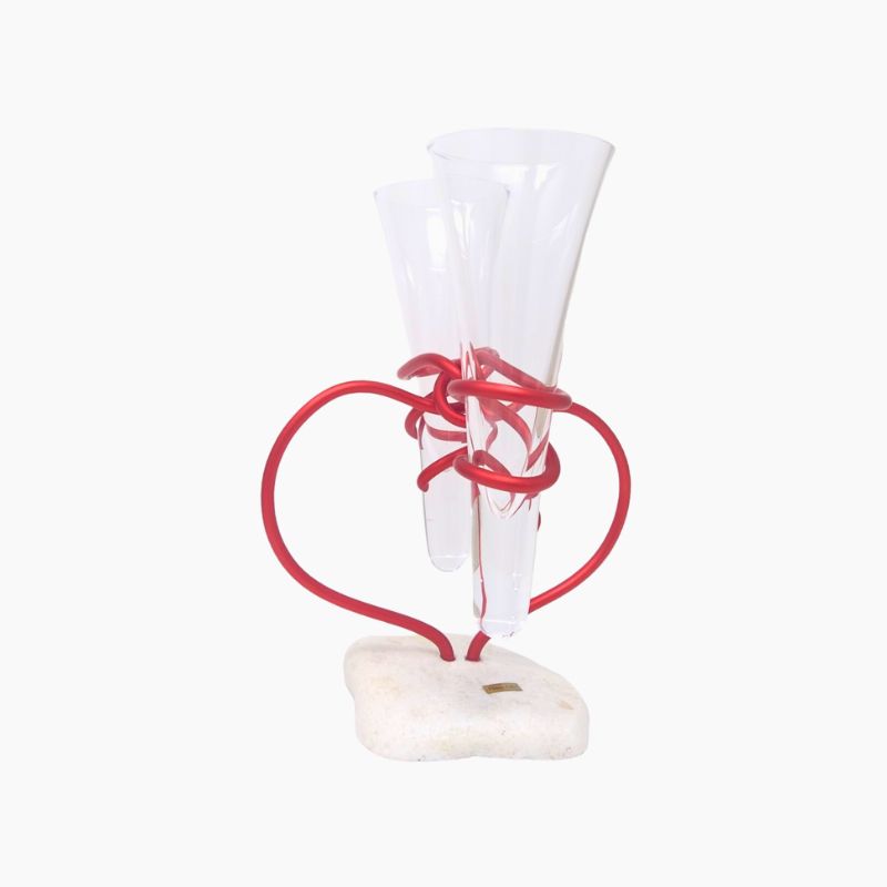 Duo Coeur Verre à Champagne Rouge Passion et Galet Blanc