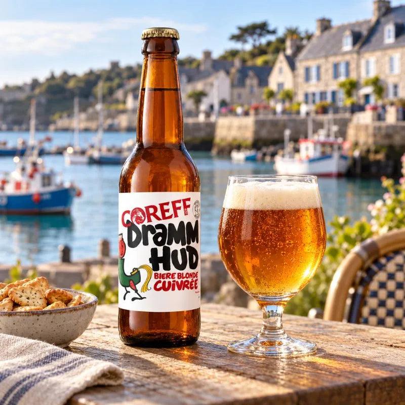 Bouteille de bière Coreff Dramm Hud blonde cuivrée, étiquette blanche illustrée et capsule dorée
